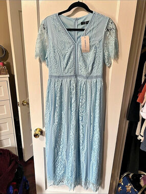 MEROKEETY Blue Lace Maxi Dress NWT